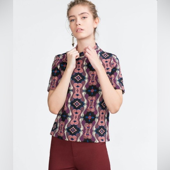 Zara Multicolored Textured Mock Neck Top - Size Large Preloved - Picture 3 of 7